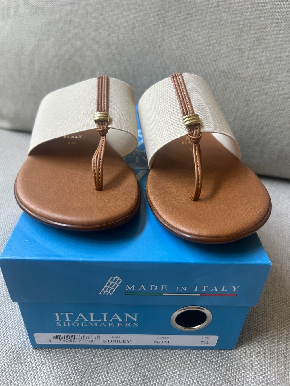 Italian Shoemakers Bone and Tan Thong Sandals with Gold Ring